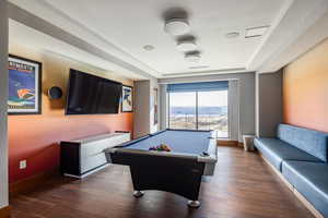 Game room featuring dark hardwood / wood-style floors, a raised ceiling, and billiards