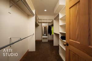 Walk in closet featuring dark carpet