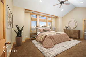 Bedroom featuring dark carpet, ceiling fan, and lofted ceiling