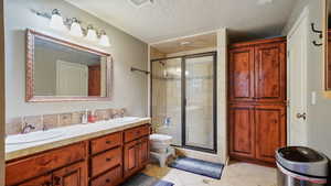 basement bathroom, double vanity, shower, storage cabinet and toilet