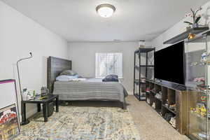 Bedroom with carpet flooring and a textured ceiling