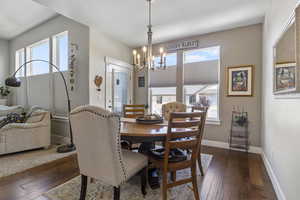 Dining space featuring plenty of natural light, dark wood-type flooring, and a chandelier