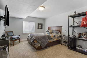 Bedroom featuring light colored carpet