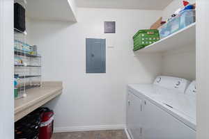 Laundry room featuring electric panel and washer and dryer