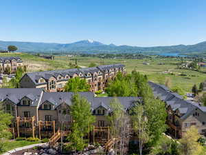 Aerial view of residential area with a mountainous background
