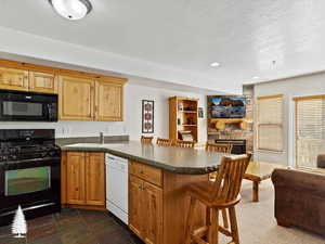 Kitchen with kitchen peninsula, sink, black appliances, a stone fireplace, and a breakfast bar area