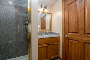Bathroom featuring vanity and walk in shower