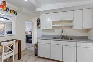 Kitchen featuring light colored carpet, white cabinetry, ceiling fan, and sink