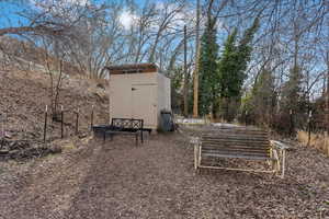 View of yard with a shed