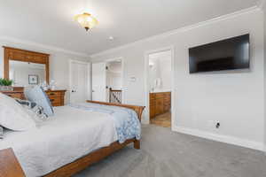 Carpeted bedroom with connected bathroom and crown molding