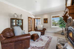 Carpeted living room with a fireplace, crown molding, and french doors