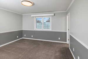 Carpeted empty room featuring ornamental molding