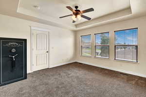 Carpeted spare room with ceiling fan, a raised ceiling, and a wealth of natural light