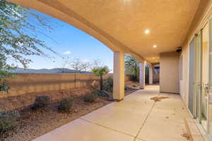 View of patio with a mountain view