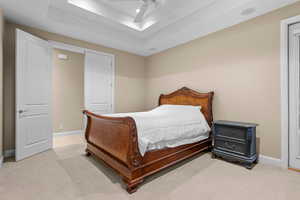 Carpeted bedroom with ceiling fan and a tray ceiling