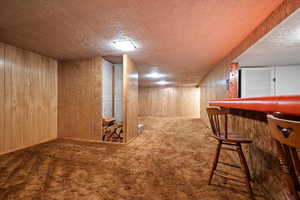 Interior space featuring a textured ceiling, indoor bar, carpet floors, and wooden walls