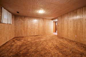 Spare room with wood walls and carpet floors