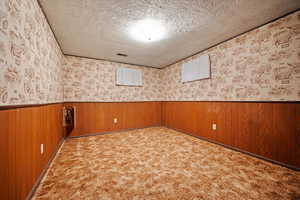 Carpeted empty room featuring a textured ceiling