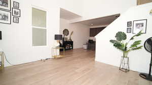 Corridor with a high ceiling and light hardwood / wood-style floors