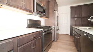 Kitchen featuring dark brown cabinetry, light wood-type flooring, sink, and appliances with stainless steel finishes