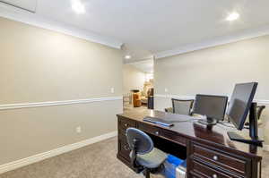 Office space with ornamental molding and light carpet