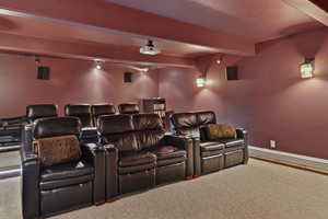 Carpeted cinema with beamed ceiling