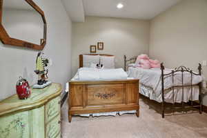 Bedroom with light colored carpet