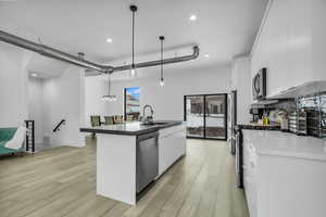Kitchen with a sink, a kitchen island with sink, appliances with stainless steel finishes, and white cabinets