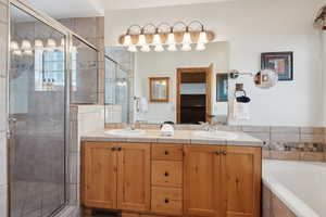 Bathroom featuring vanity and independent shower and bath