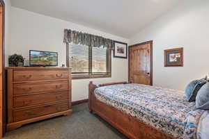 Bedroom featuring dark carpet and lofted ceiling