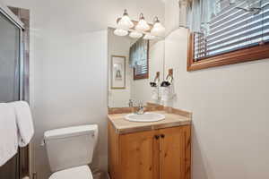 Bathroom with vanity, toilet, and walk in shower