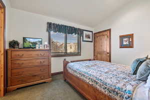 Bedroom featuring light colored carpet and lofted ceiling