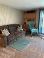 Carpeted living room featuring a textured ceiling