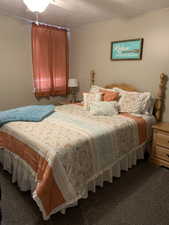 Carpeted bedroom featuring a textured ceiling