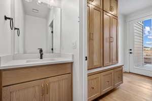 Bathroom featuring wood-type flooring and vanity