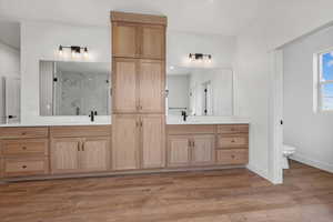 Bathroom featuring vanity, toilet, wood-type flooring, and a shower