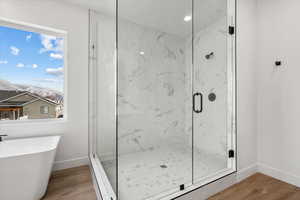 Bathroom featuring independent shower and bath and hardwood / wood-style flooring