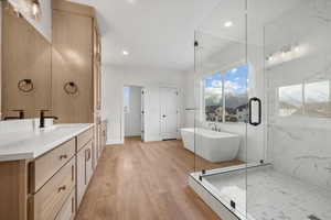 Bathroom featuring plus walk in shower, hardwood / wood-style floors, and vanity