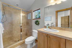 Bathroom with tile patterned flooring, toilet, a shower with shower door, and vaulted ceiling