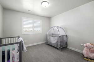 Carpeted bedroom with a crib