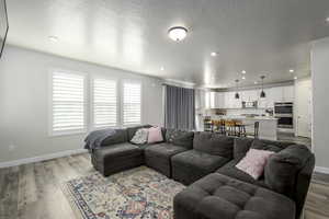 Living room with light hardwood / wood-style floors and a textured ceiling