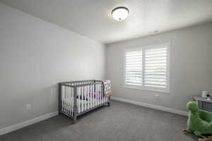 Bedroom with carpet flooring and a nursery area