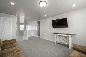 Living room featuring carpet and a textured ceiling