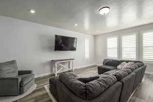 Living room with wood-type flooring and a textured ceiling