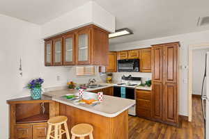 Kitchen featuring kitchen peninsula, a kitchen breakfast bar, stainless steel fridge, sink, and range with electric stovetop