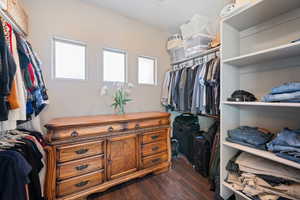 Walk in closet with dark hardwood / wood-style flooring