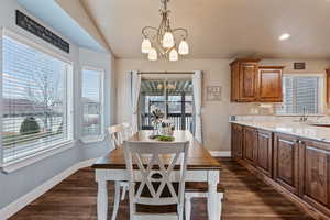 Dining room with a chandelier, dark hardwood / wood-style floors, and plenty of natural light