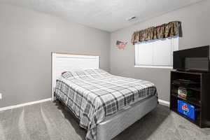 Bedroom featuring a textured ceiling and carpet floors