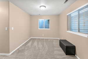 Empty room with carpet floors and a textured ceiling