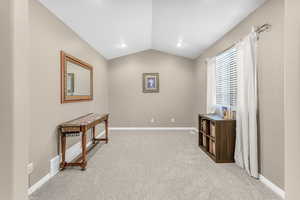 Miscellaneous room featuring light carpet and vaulted ceiling